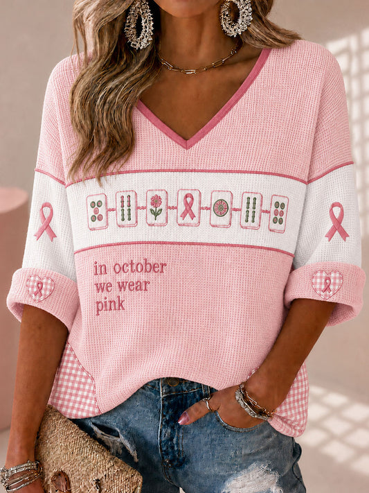Women's 'In October we wear pink' Mahjong Waffle V-Neck Tops