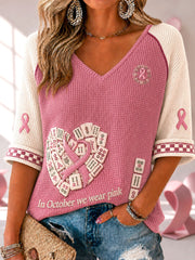 Women's 'In October we wear pink' Mahjong Waffle V-Neck Tops