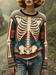 Women's Vintage Skeleton Anatomy Art Print crew neck sweater