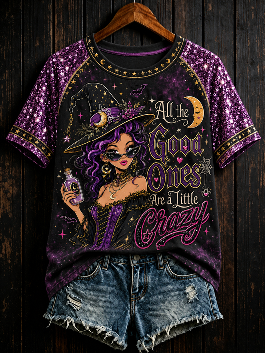 Women's Halloween witch print round neck short sleeve T-shirt
