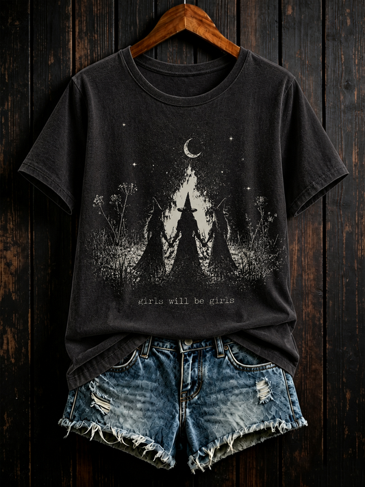 Women's Halloween witch print short-sleeved T-shirt