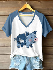 Women's Cute Pig Patchwork Art V-Neck T-Shirt