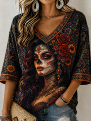 Women's Day Of The Dead Plant Flower Pattern Print Casual Mid-length Sleeves V-Neck T-Shirt