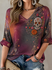 Women's Mexico Day of The Dead Floral Art Printed Mid-length Sleeves V-Neck T-Shirt