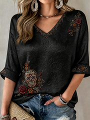 Women's Mexico Day of The Dead Floral Art Printed Mid-length Sleeves V-Neck T-Shirt