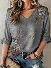 Women's Mexico Day of The Dead Floral Art Printed Mid-length Sleeves V-Neck T-Shirt