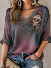 Women's Mexico Day of The Dead Floral Art Printed Mid-length Sleeves V-Neck T-Shirt