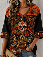 Women's Day Of The Dead Mid-length Sleeves V-Neck T-Shirt
