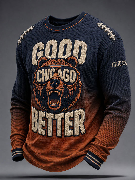 Men's Chicago Football Lover Bear Art Printed Waffle Sweatshirt