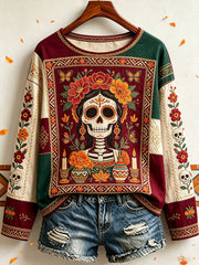 Women's Mexico Day of The Dead Floral Art Printed T-shirt