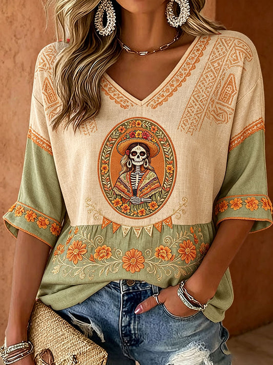 Women's Mexico Day of The Dead Floral Art Printed T-shirt