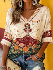 Women's Mexico Day of The Dead Floral Art Printed T-shirt