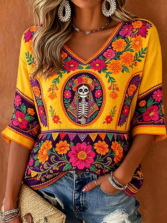 Women's Mexico Day of The Dead Floral Art Printed T-shirt