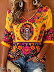 Women's Mexico Day of The Dead Floral Art Printed T-shirt