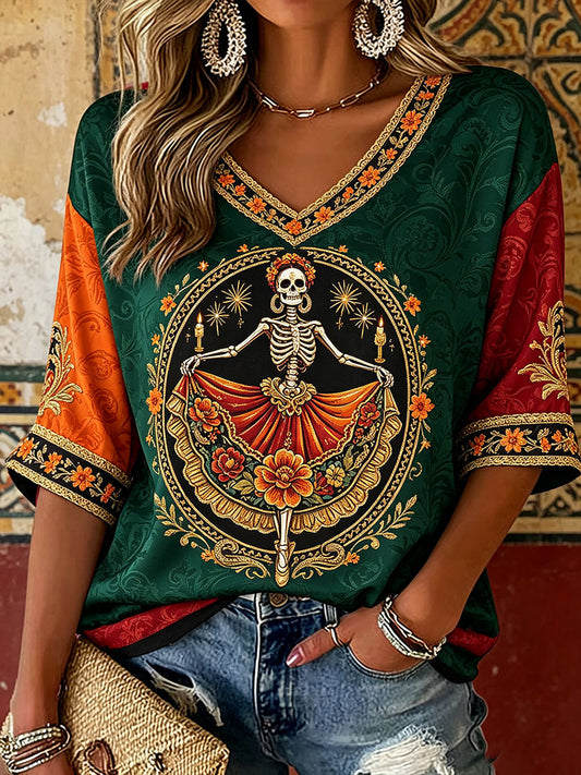Women's Mexico Day of The Dead Floral Art Printed T-shirt
