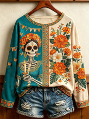 Women's Mexico Day of The Dead Floral Art Printed T-shirt