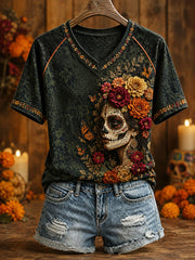 Women's Mexico Day of The Dead Floral Art Printed T-shirt