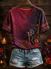 Women's Mexico Day of The Dead Floral Art Printed T-shirt