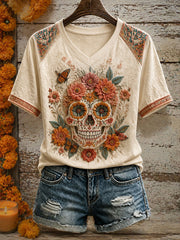 Women's Mexico Day of The Dead Floral Art Printed T-shirt