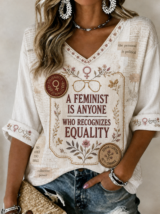 Women's RIP Retro Feminist Icon Printed Mid-length Sleeves V-Neck T-Shirt