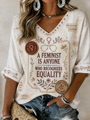 Women's RIP Retro Feminist Icon Printed Mid-length Sleeves V-Neck T-Shirt