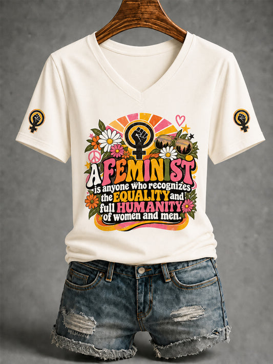 Women's Feminist Quote Print V-Neck Short Sleeve T-shirt