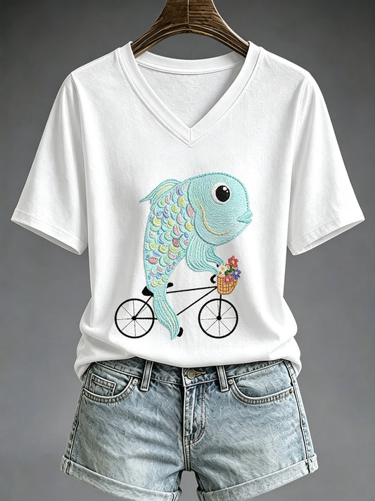 Women's Fish And Bicycle Print T-shirt