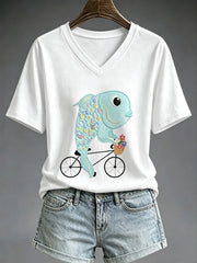 Women's Fish And Bicycle Print T-shirt