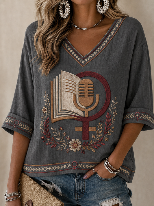 Women's RIP Retro Feminist Icon Printed Mid-length Sleeves V-Neck T-Shirt