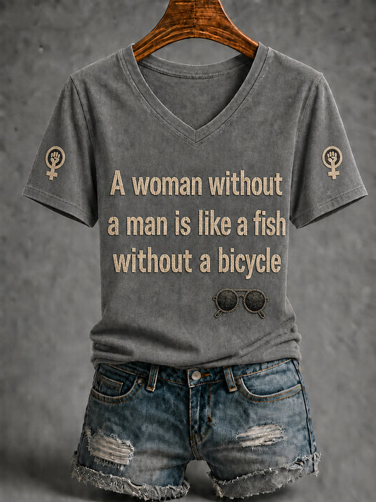 Women's Feminist Quote Print V-Neck Short Sleeve T-shirt