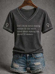 Women's Feminist Quote Print V-Neck Short Sleeve T-shirt