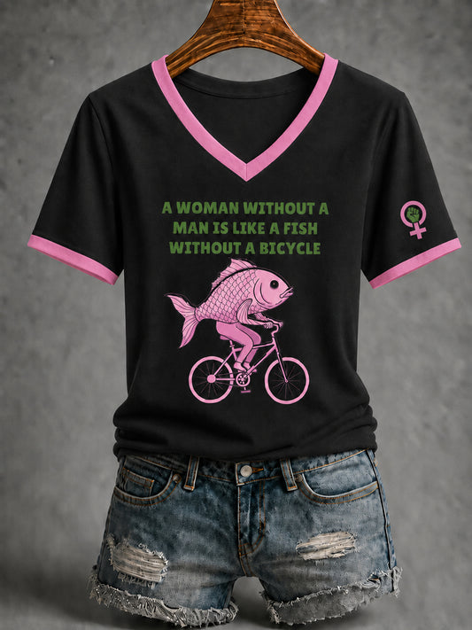 Women's Feminist Quote Print V-Neck Short Sleeve T-shirt