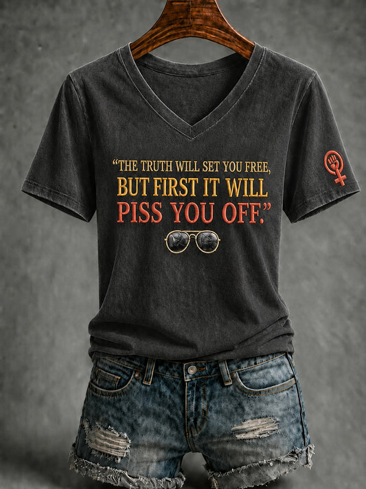 Women's Feminist Quote Print V-Neck Short Sleeve T-shirt