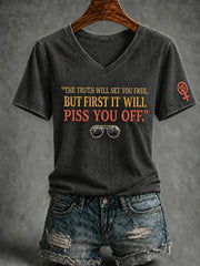 Women's Feminist Quote Print V-Neck Short Sleeve T-shirt
