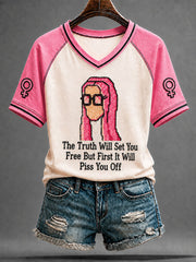 Women's Feminist Quote Print V-Neck Short Sleeve T-shirt