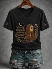 Women's Feminist Quote Print V-Neck Short Sleeve T-shirt