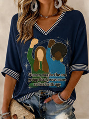 Women's RIP Retro Feminist Icon Printed Mid-length Sleeves V-neck T-shirt