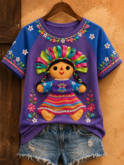 Women's Mexico Lele Doll Floral Art Printed T-shirt