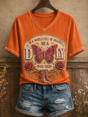 Women's Country Music Lover Floral Butterfly Art Printed T-shirt