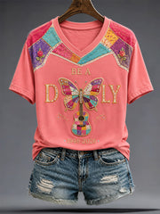 Women's Country Music Lover Floral Butterfly Art Printed T-shirt