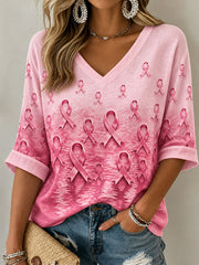 Women's Breast Cancer Black Cat Mid-length Sleeves V-Neck T-Shirt