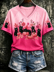 Women's Breast Cancer Black Cat Short-Sleeved T-Shirt