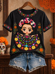Women's Mexico Lele Doll Floral Art Printed T-shirt