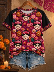 Women's Mexico Lele Doll Floral Art Printed T-shirt