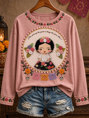 Women's Mexico Lele Doll Floral Art Printed T-shirt