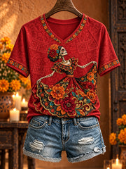 Women's Mexico Day of The Dead Floral Art Printed T-shirt