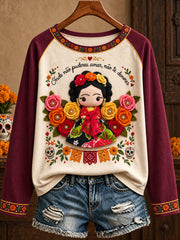 Women's Mexico Lele Doll Floral Art Printed T-shirt