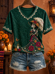 Women's Mexico Day of The Dead Floral Art Printed T-shirt