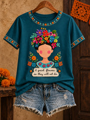 Women's Mexico Lele Doll Floral Art Printed T-shirt