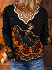 Women's Mexico Day of The Dead Floral Art Printed Tops